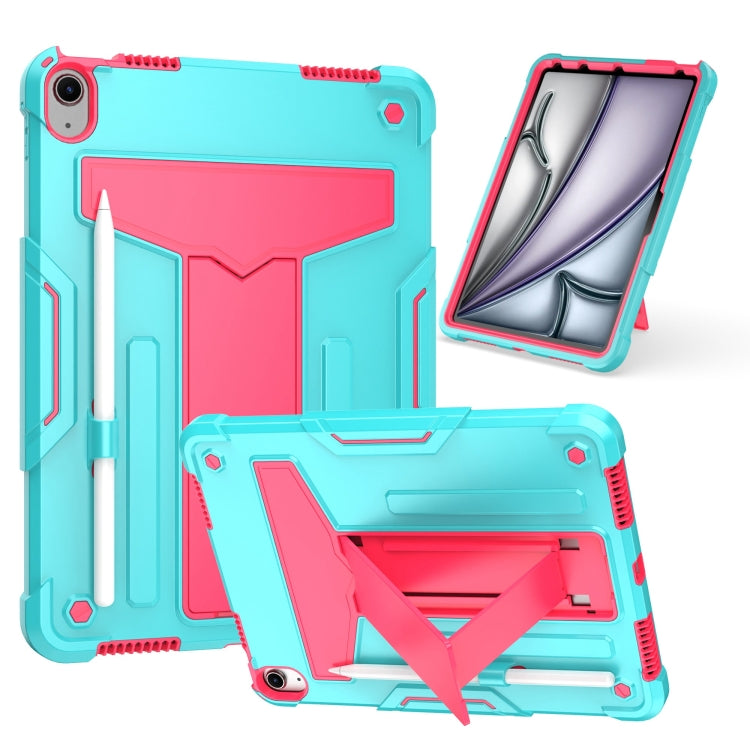 For iPad Air 11 2025 / 2024 T Holder Robot Silicone Hybrid PC Tablet Case(Mint Rose Red)
