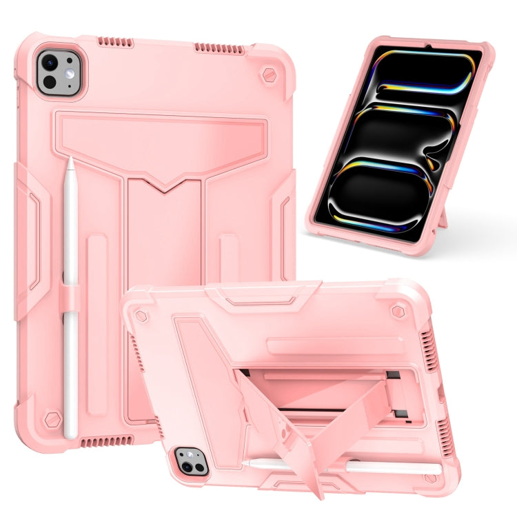 For iPad Pro 11 2024 T Holder Robot Silicone Hybrid PC Tablet Case(Rose Gold)