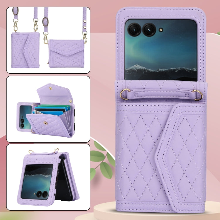 For Motorola Razr 40 Ultra Splicing Rhombic Texture Phone Case with Long & Short Lanyard(Purple)