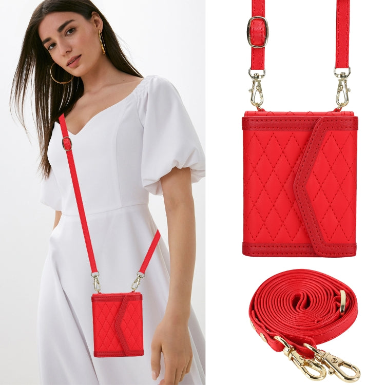 For Motorola Razr 40 Ultra Splicing Rhombic Texture Phone Case with Long & Short Lanyard(Red)