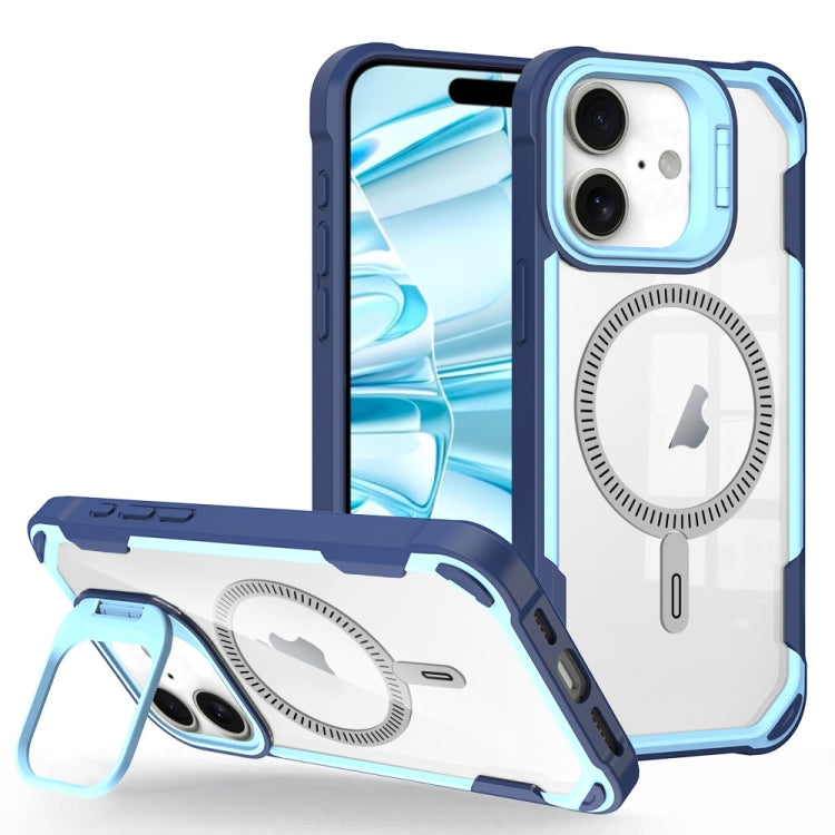 For iPhone 16 Transparent Acrylic MagSafe Lens Holder Phone Case(Blue)