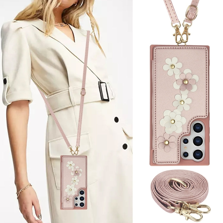 For Samsung Galaxy S25 Ultra 5G Crossbody Flower Pattern Leather Phone Case(Rose Gold) - free shipping - PMC Jewellery - Order now!