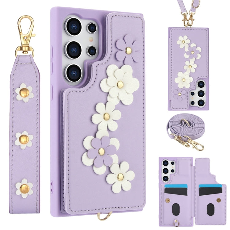 For Samsung Galaxy S25 Ultra 5G Crossbody Flower Pattern Leather Phone Case(Purple)