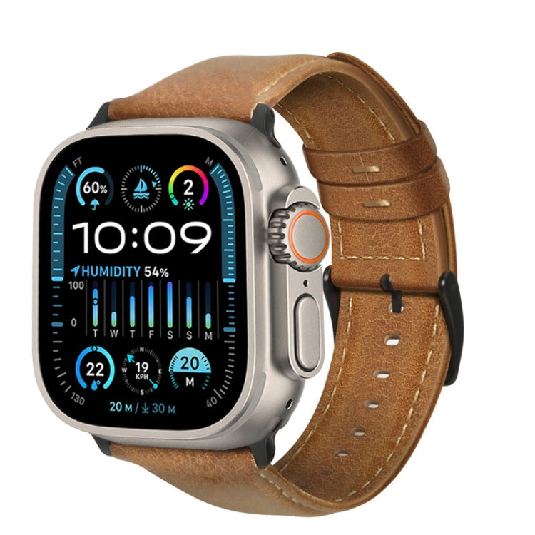 For Apple Watch Ultra 2 49mm Oil Wax Genuine Leather Watch Band(Yellow Brown)