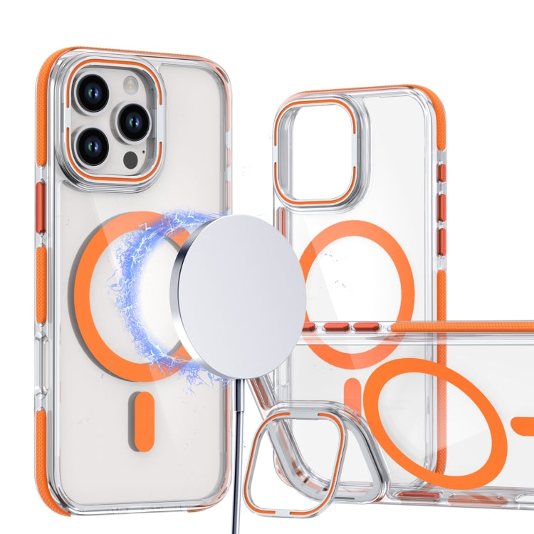 For iPhone 16 Pro Max Dual-Color Clear Acrylic Hybrid TPU Lens Flip Holder MagSafe Phone Case(Orange)