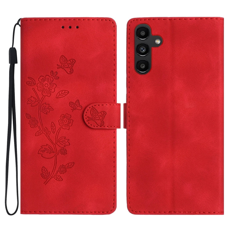 For Samsung Galaxy S25 5G Flower Butterfly Embossing Pattern Leather Phone Case(Red)