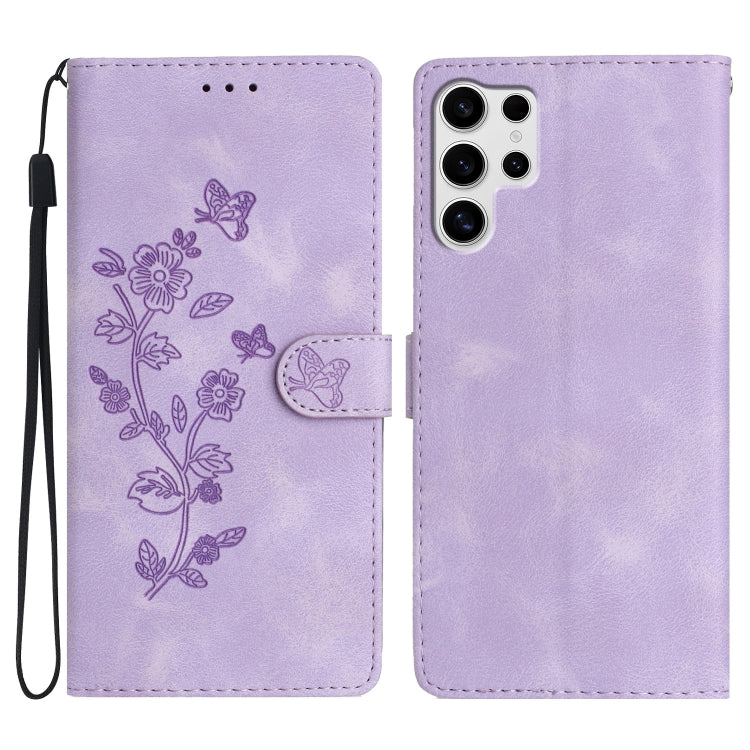 For Samsung Galaxy S25 Ultra 5G Flower Butterfly Embossing Pattern Leather Phone Case(Purple)