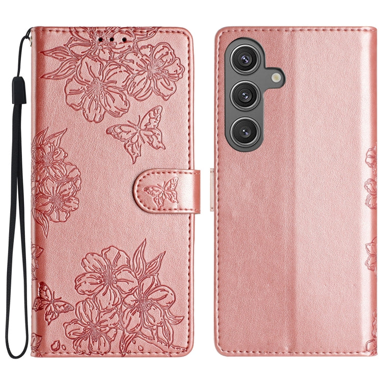 For Samsung Galaxy S25 5G Cherry Blossom Butterfly Skin Feel Embossed PU Phone Case(Rose Gold)