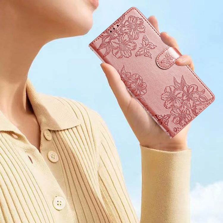 For Samsung Galaxy S25+ 5G Cherry Blossom Butterfly Skin Feel Embossed PU Phone Case(Rose Gold) - Galaxy S25+ 5G Cases by PMC TechLife | Online Shopping South Africa | PMC TechLife | Buy Now Pay Later Mobicred