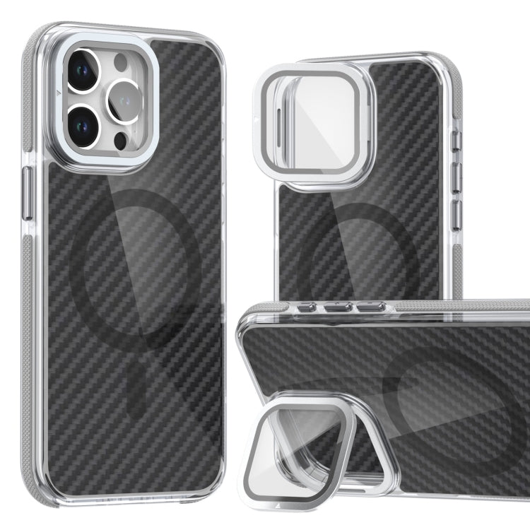 For iPhone 16 Pro Max Magsafe Dual-Color Carbon Fiber Lens Film Phone Case with Lens Fold Holder(Gray)