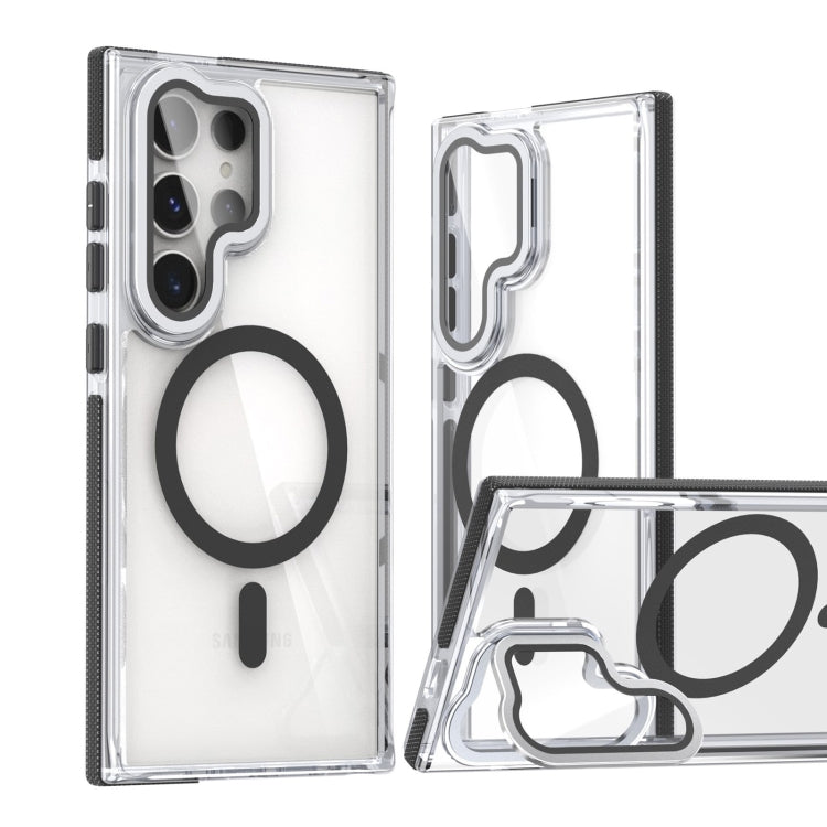 For Samsung Galaxy S24 Ultra 5G Dual-Color Clear Acrylic Hybrid TPU MagSafe Lens Film Phone Case with Holder(Black)