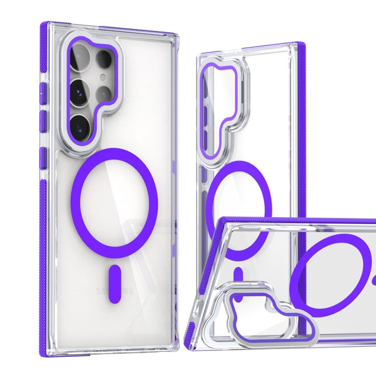 For Samsung Galaxy S24 Ultra 5G Dual-Color Clear Acrylic Hybrid TPU MagSafe Lens Film Phone Case with Holder(Purple)