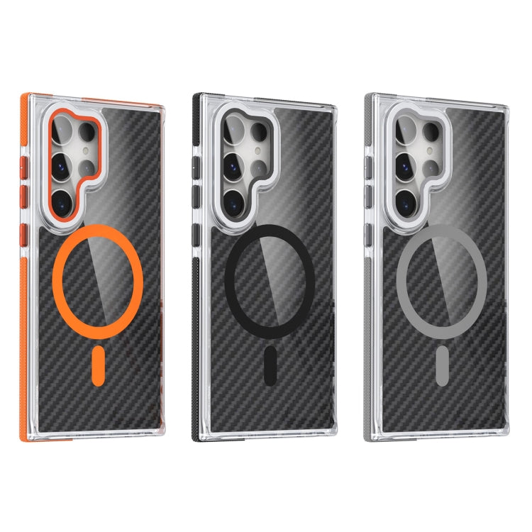 For Samsung Galaxy S24 Ultra 5G Magsafe Dual-Color Carbon Fiber Lens Film Phone Case with Lens Fold Holder(Black)