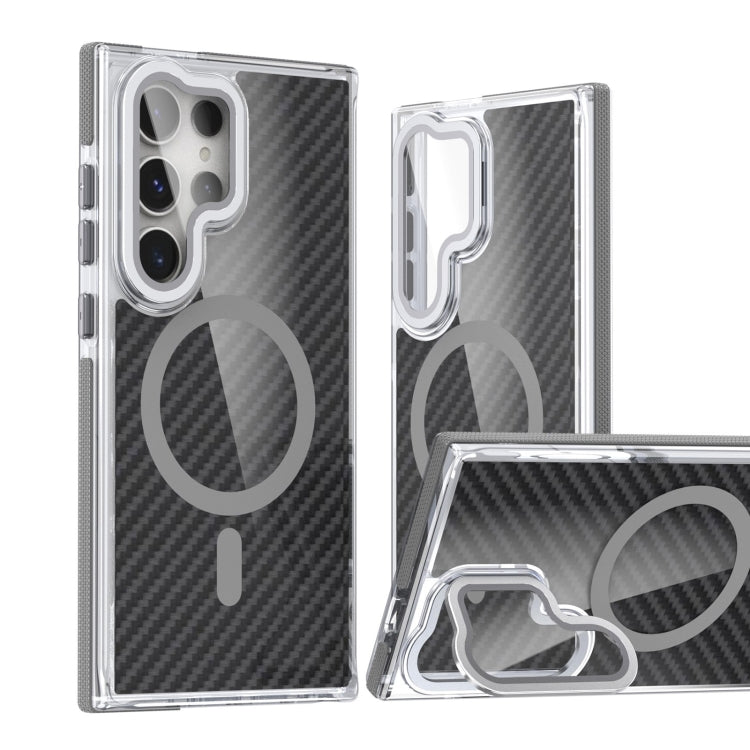 For Samsung Galaxy S24 Ultra 5G Magsafe Dual-Color Carbon Fiber Lens Film Phone Case with Lens Fold Holder(Gray)