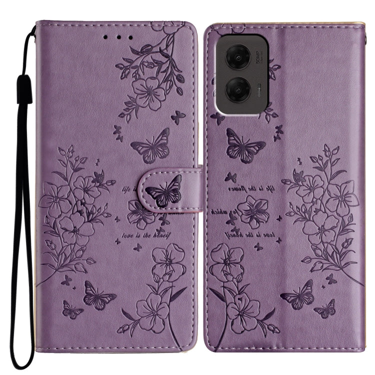 For Motorola Moto G Stylus 5G 2024 Butterflies and Flowers Leather Phone Case(Purple)