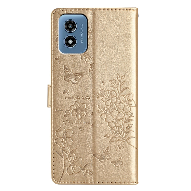For Motorola Moto G Play 2024 Butterflies and Flowers Leather Phone Case(Gold)