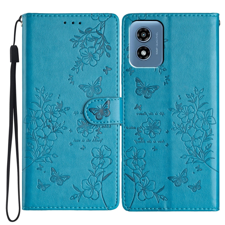 For Motorola Moto G Play 2024 Butterflies and Flowers Leather Phone Case(Blue)