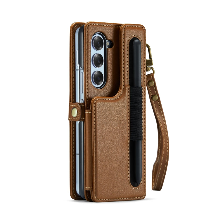 For Samsung Galaxy Z Fold6 5G CaseMe C22 PC+TPU Business Style RFID Anti-theft Lanyard Leather Phone Case with Pen Slot(Brown)