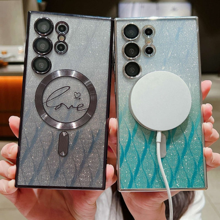 For Samsung Galaxy S25 5G Dual-Love Leaves Gradient Glitter MagSafe TPU Phone Case(Green)