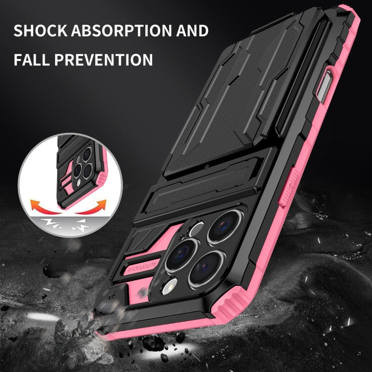 For iPhone 16 Pro Max Kickstand Armor Card Wallet Phone Case(Pink)