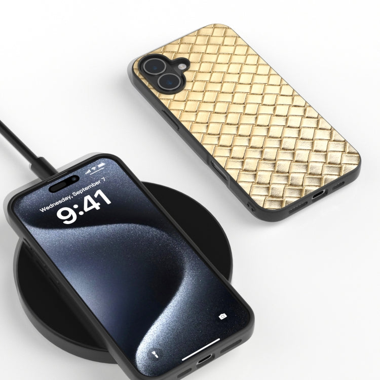 For iPhone 16 Black Frame Woven Texture PU Phone Case(Gold) - iPhone 16 Cases by PMC TechLife | Online Shopping South Africa | PMC TechLife | Buy Now Pay Later Mobicred
