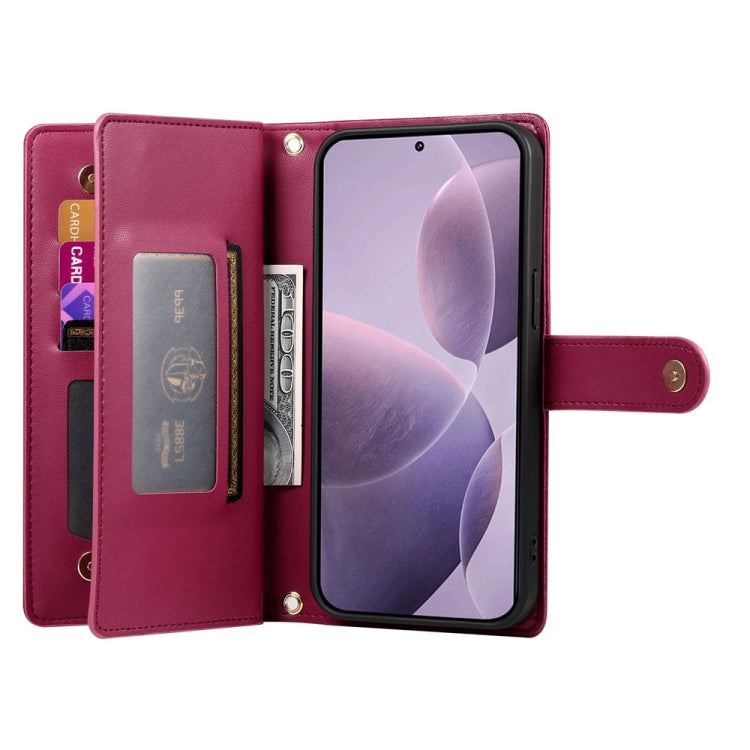 For Redmi K70 Nine Card-slot Zipper Wallet Bag Leather Phone Case(Red)