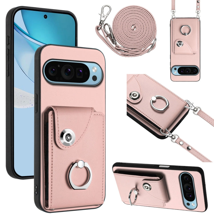 For Google Pixel 9 / 9 Pro Organ Card Bag Ring Holder Phone Case with Long Lanyard(Pink)
