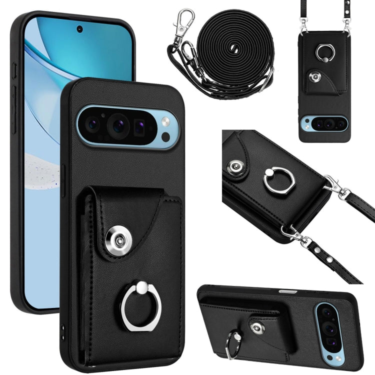 For Google Pixel 9 Pro XL Organ Card Bag Ring Holder Phone Case with Long Lanyard(Black)