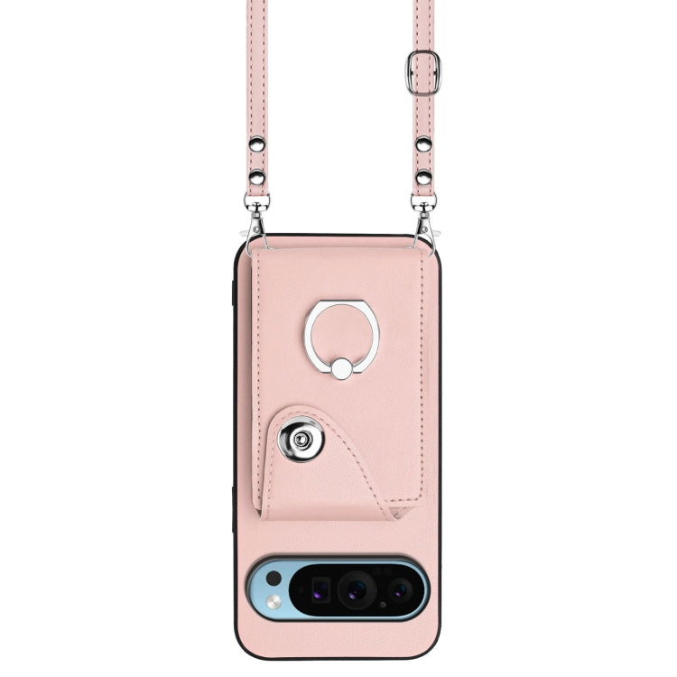 For Google Pixel 9 Pro XL Organ Card Bag Ring Holder Phone Case with Long Lanyard(Pink)
