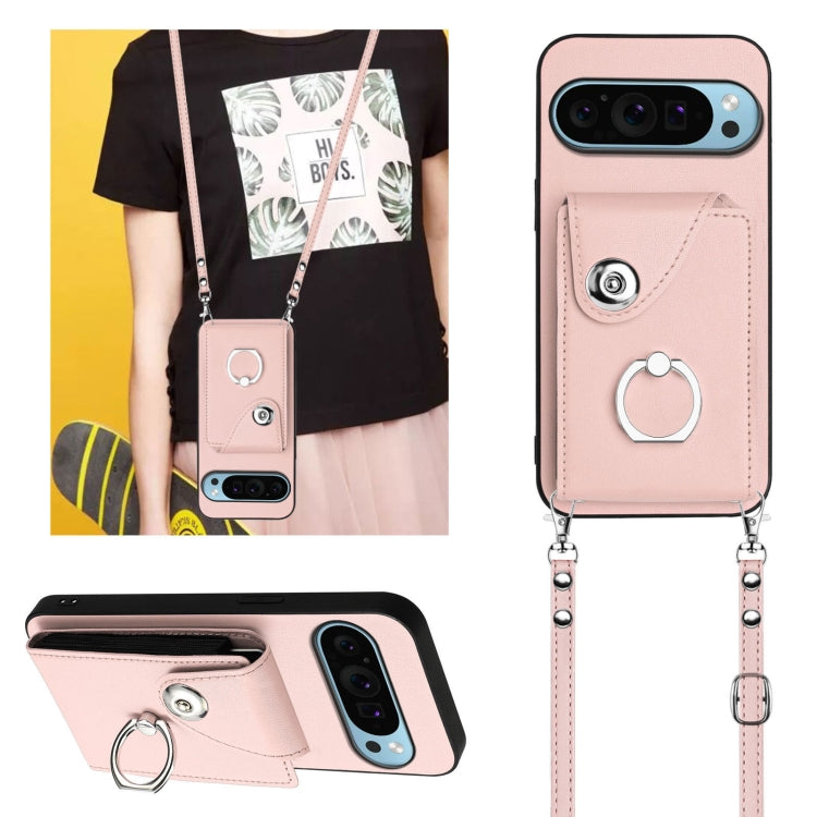 For Google Pixel 9 Pro XL Organ Card Bag Ring Holder Phone Case with Long Lanyard(Pink)