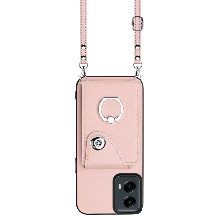 For Motorola Moto G 5G 2024 Organ Card Bag Ring Holder Phone Case with Long Lanyard(Pink)