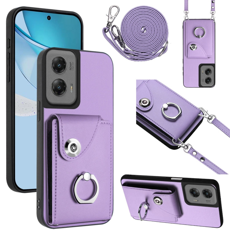 For Motorola Moto G Stylus 5G 2024 Organ Card Bag Ring Holder Phone Case with Long Lanyard(Purple)