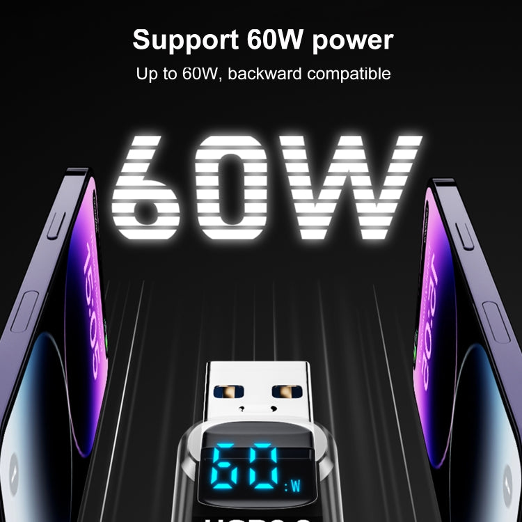 60W 10Gbps Intelligent Digital Display Fast Charge Adapter Type-C to USB-A