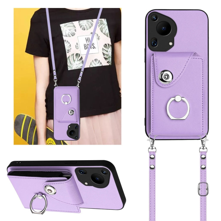 For Huawei Pura 70 Ultra Organ Card Bag Ring Holder Phone Case with Long Lanyard(Purple)