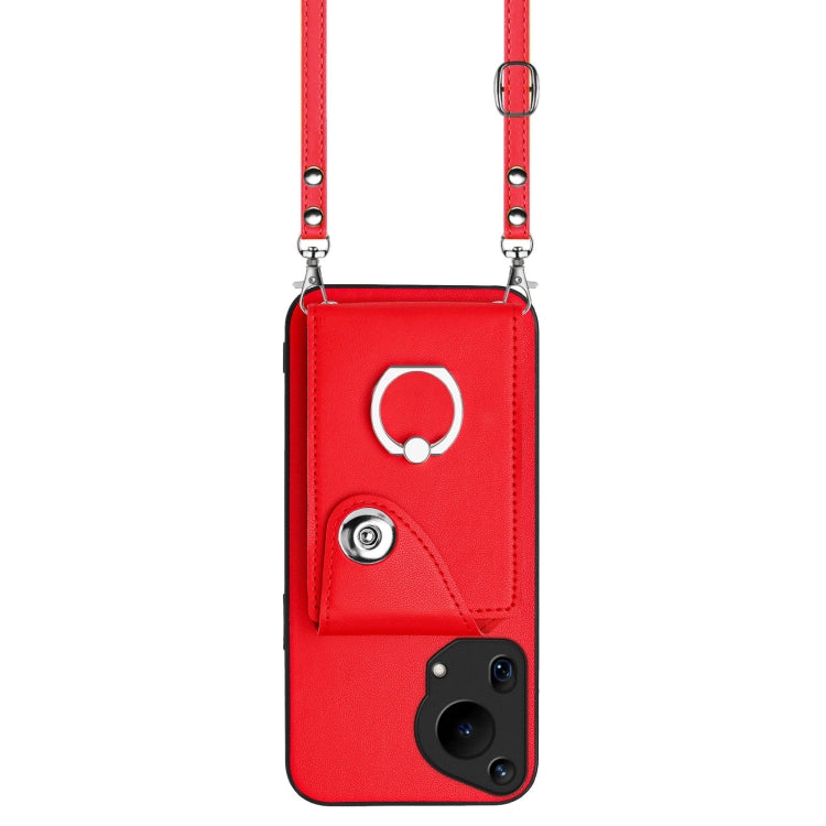 For Huawei Pura 70 Ultra Organ Card Bag Ring Holder Phone Case with Long Lanyard(Red)