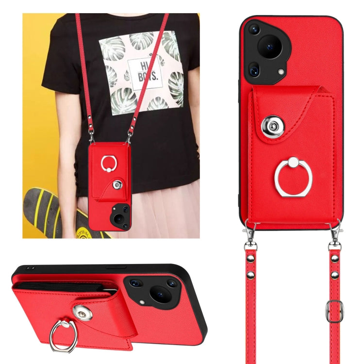 For Huawei Pura 70 Ultra Organ Card Bag Ring Holder Phone Case with Long Lanyard(Red)