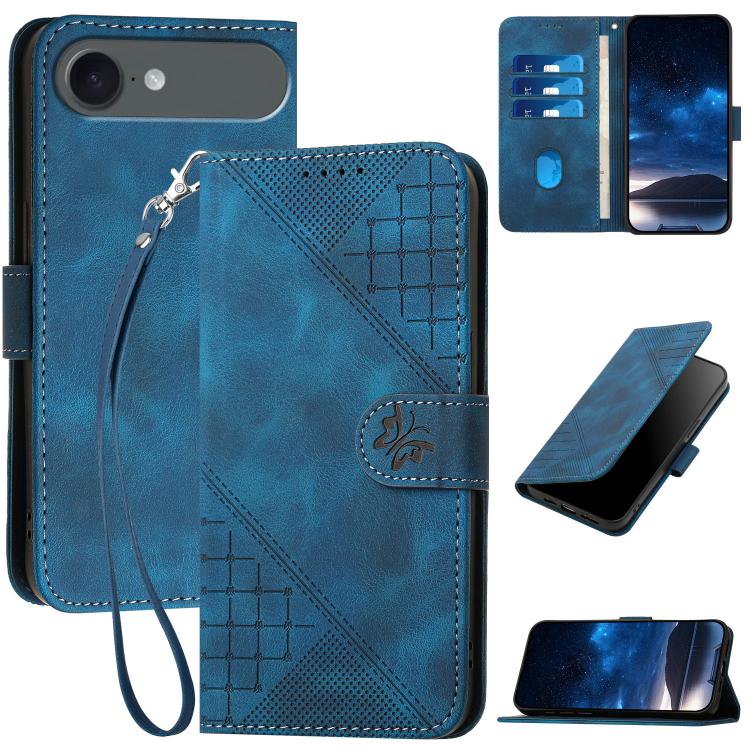 For iPhone 17 Air YX0080 Grid Butterfly Embossed Pattern Flip Leather Phone Case with Lanyard(Dark Blue)