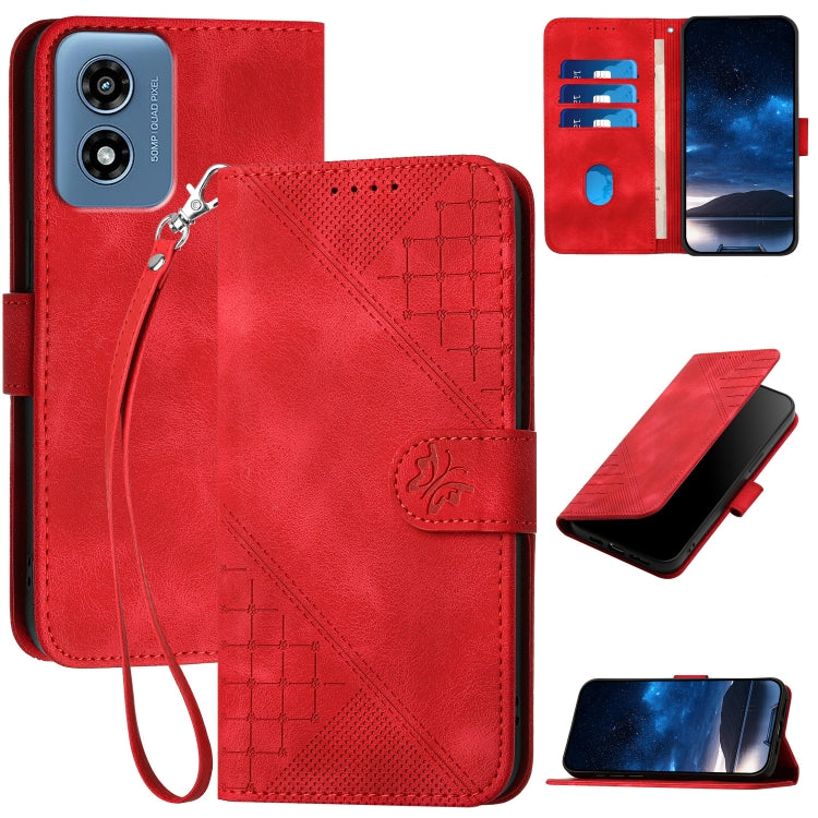 For Motorola Moto G Play 4G 2024 YX0080 Grid Butterfly Embossed Pattern Flip Leather Phone Case with Lanyard(Red)