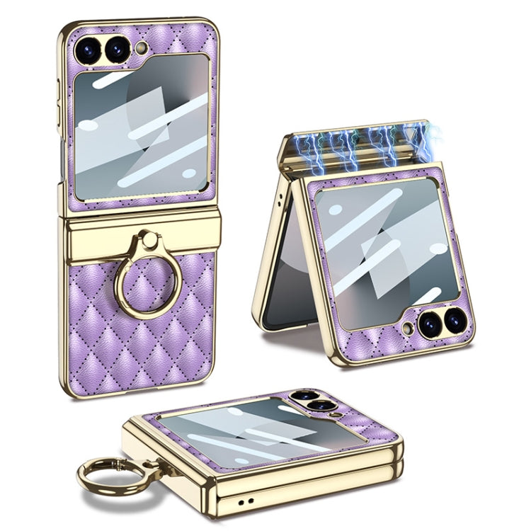 For Samsung Galaxy Z Flip6 / Flip7 FE GKK Rhombus Pattern Integrated Electroplated Leather Phone Case with Ring(Purple)