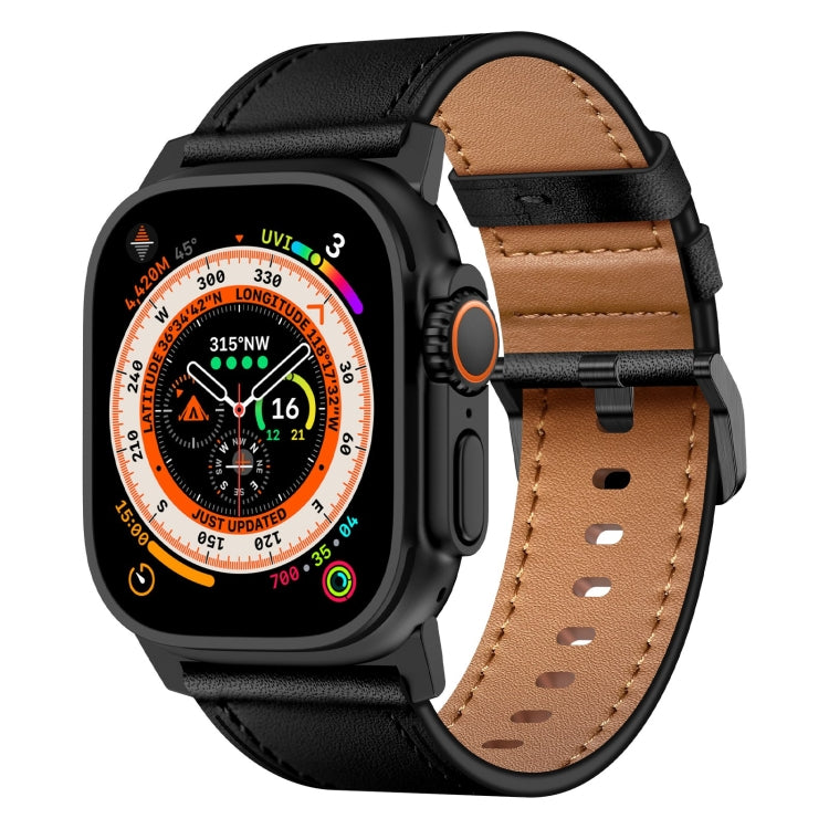 For Apple Watch Ultra 2 49mm Wilderness Top-grain Leather Watch Band(Black Connector Black)