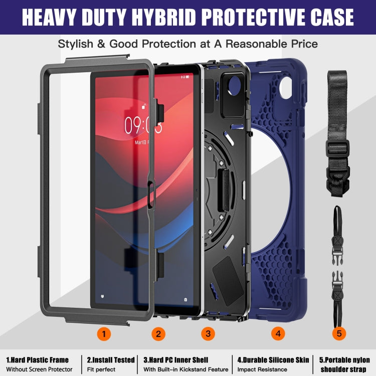 For Lenovo Tab M11 /Xiaoxin Pad 11 2024 Rotatable Holder Silicone Hybrid PC Tablet Case with Shoulder Strap(Navy Blue)