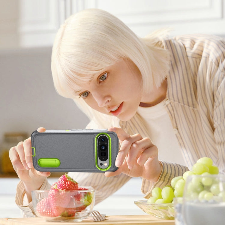 For Google Pixel 9 Pro Rugged PC + Silicone Phone Case with Holder(Grey+Fresh Green) - free shipping - PMC TechLife - Order now!