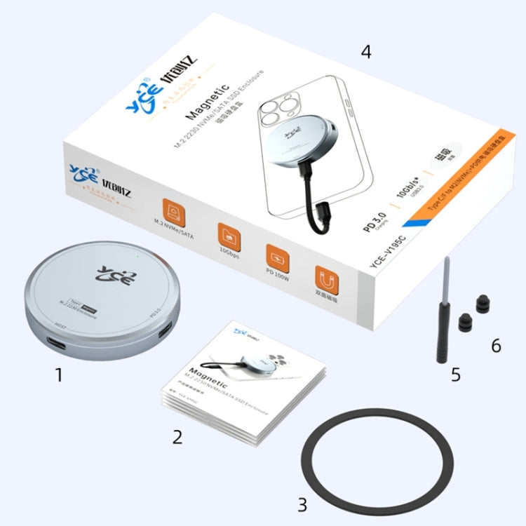 YCE-V195C USB-C / Type-C to M.2 NVMe + PD 3.0 Magnetic Hard Drive Enclosure(Grey) - HDD Enclosure by PMC Jewellery | Online Shopping South Africa | PMC Jewellery | Buy Now Pay Later Mobicred