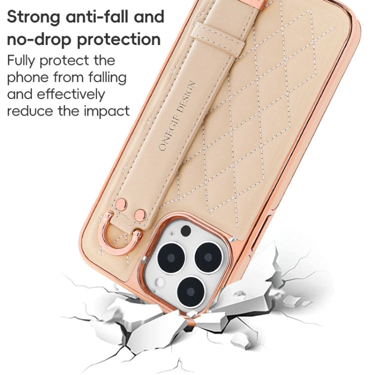 For iPhone 15 Pro Max VIETAO Rhombic Texture Wristband PU Phone Case(White)