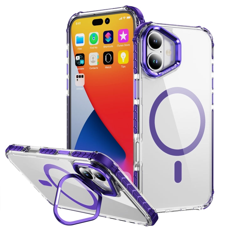 For iPhone 16 Rainbow Series Transparent MagSafe Lens Holder Phone Case(Purple)