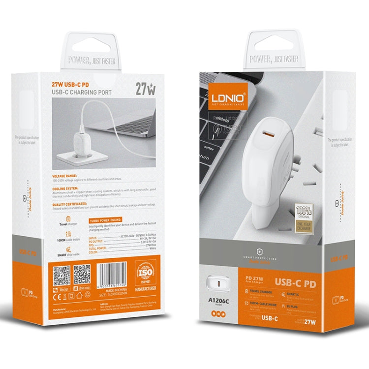 LDNIO A1206C PD27W USB-C / Type-C Fast Charger with 1m Type-C Cable, Plug Type:EU Plug(White) - free shipping - PMC Jewellery - Order now!