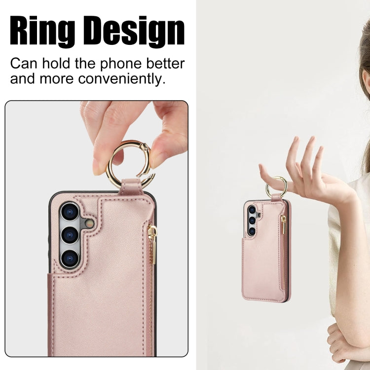 For Samsung Galaxy S24 5G RFlD Anti-theft Double Buckle Ring Zipper Card Phone Case(Rose Gold)