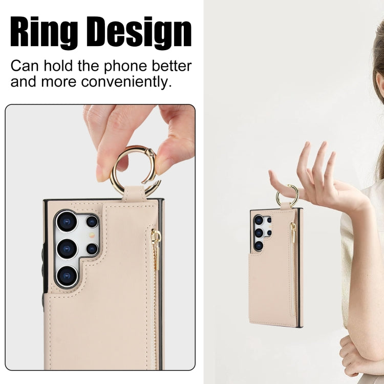 For Samsung Galaxy S24 Ultra 5G RFlD Anti-theft Double Buckle Ring Zipper Card Phone Case(White)