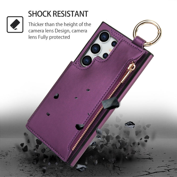 For Samsung Galaxy S24 Ultra 5G RFlD Anti-theft Double Buckle Ring Zipper Card Phone Case(Dark Purple)