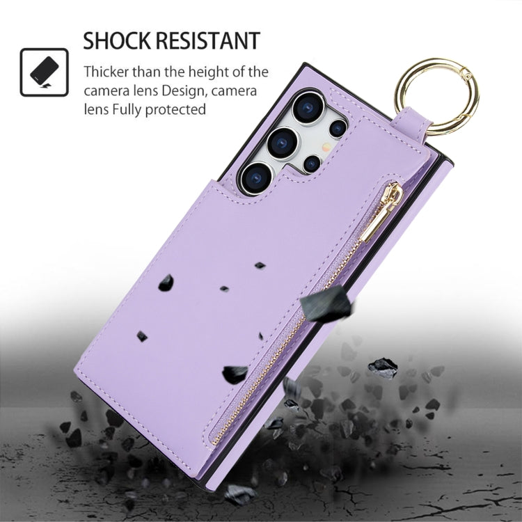 For Samsung Galaxy S24 Ultra 5G RFlD Anti-theft Double Buckle Ring Zipper Card Phone Case(Purple)